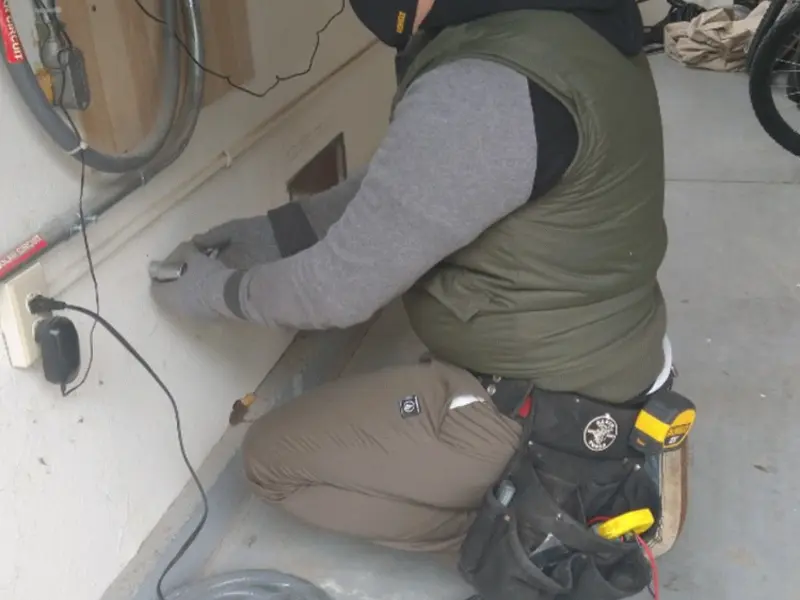 Electrician performing outlet wiring in a Blair garage